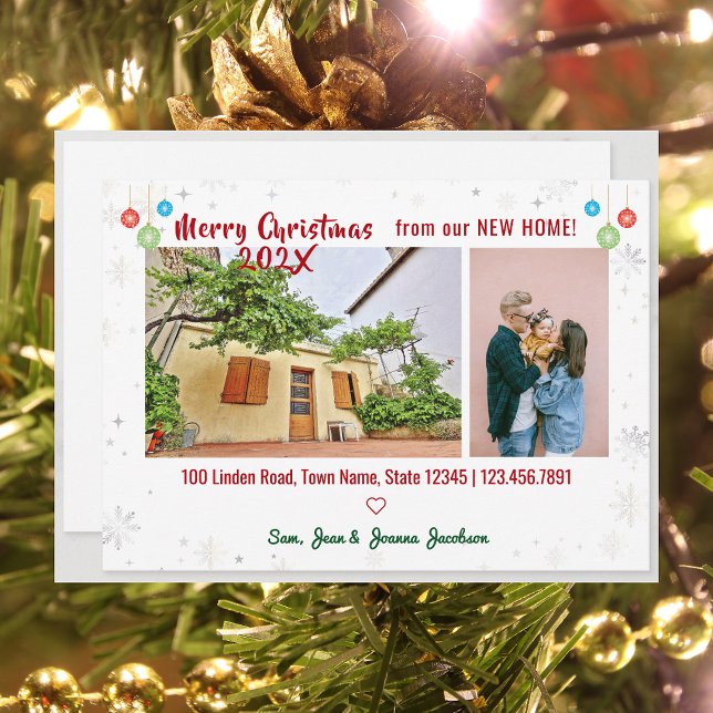 Elegant Cute Vi har flyttat för julfoton Meddelande (Simple Modern Elegant Cute We've Moved New Home Christmas Baubles 2 Photos Modern Cute Handwriting)