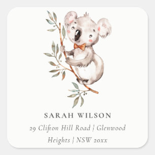 Elegant Cute Watercolor Baby Koala Foliage Adress Fyrkantigt Klistermärke
