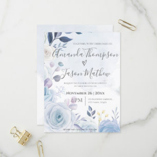 Elegant Cute Watercolor Dusty Blue Blommigt Bröllo Inbjudan Vykort