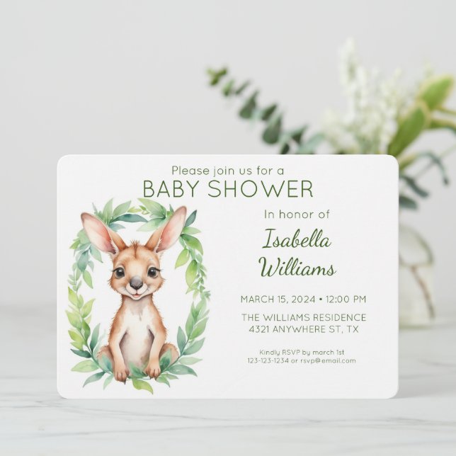 Elegant Cute Watercolor Kangaroo Baby Shower Inbjudningar (Stående Fram)
