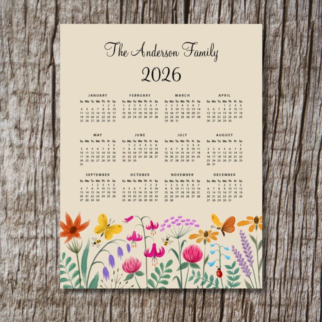 Elegant Cute Watercolor Wildflowers Calendar 2026 (Skapare uppladdad)