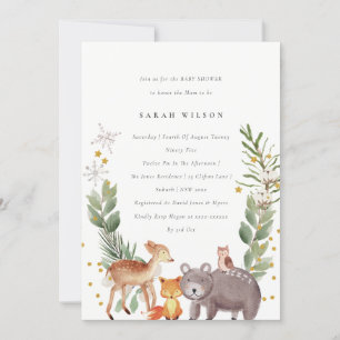 Elegant Cute Woodland Animal Leafy Baby Shower Inbjudningar