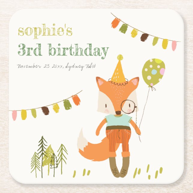 Elegant Cute Woodland Roligt Party Fox Barns födel Underlägg Papper Kvadrat (Framsidan)