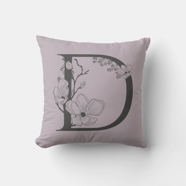 Elegant D Boho Blommig Monogram Initial Lilafärgad Kudde (Framsida)