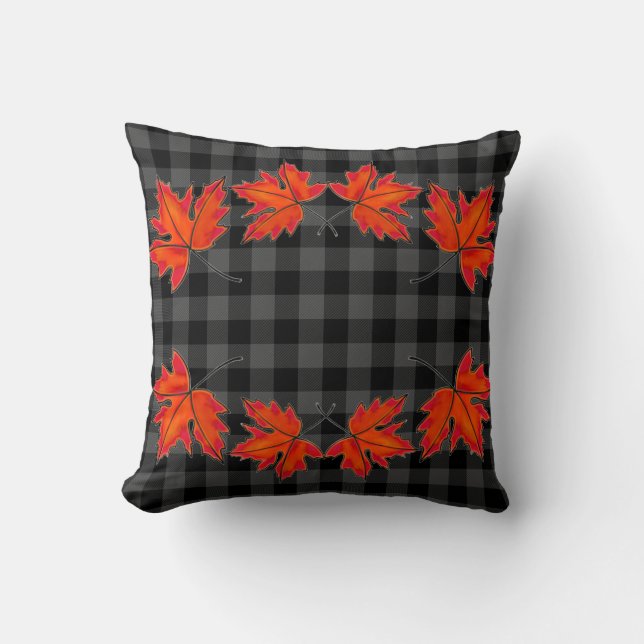 Elegant d löv Red Maple löv grått plaid Kudde (Framsida)