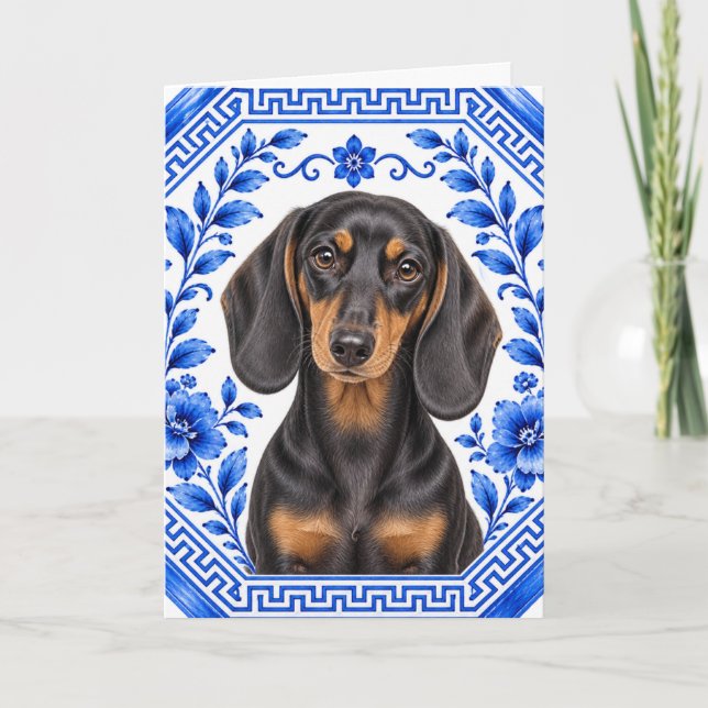 Elegant Dachshund  Blå och vit Chinoiserie Kort (Framsida)