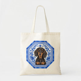 Elegant Dachshund-handväska | Blå & Vit Chinoiseri Tygkasse