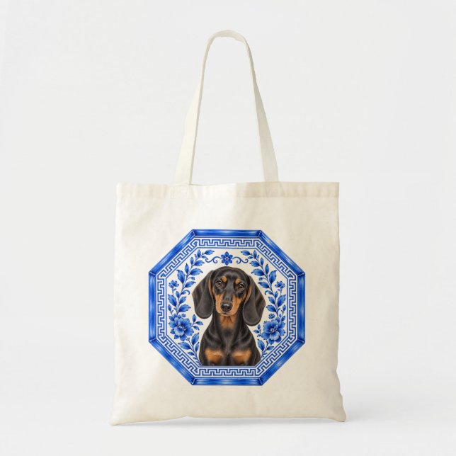 Elegant Dachshund-handväska | Blå & Vit Chinoiseri Tygkasse (Framsidan)
