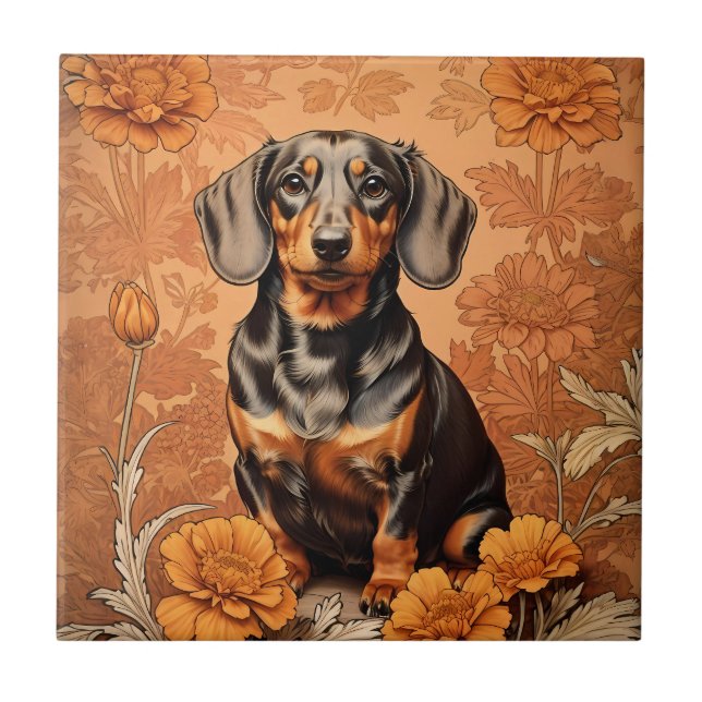Elegant Dachshund och Marigolds Kakelplatta (Framsidan)