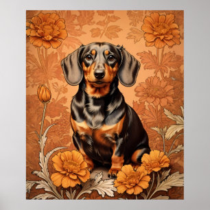 Elegant Dachshund och Marigolds Poster