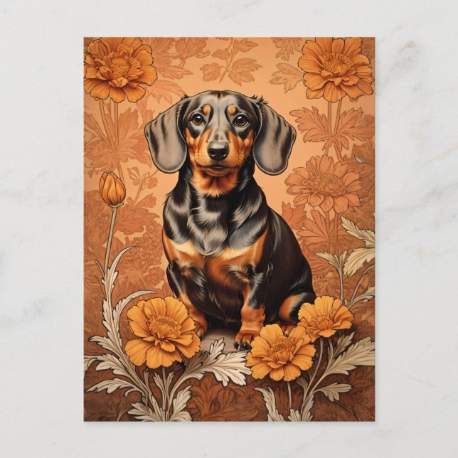 Elegant Dachshund och Marigolds Vykort (Framsida)