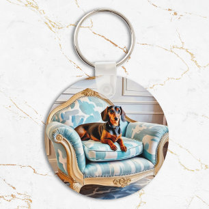 Elegant dackel på lyxig fåtölj med monogram nyckelring