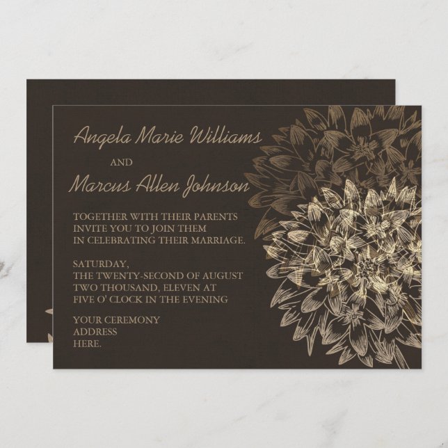 Elegant Dahlia Brown-inbjudan till Blommigt bröllo Inbjudningar (Fram/baksida)