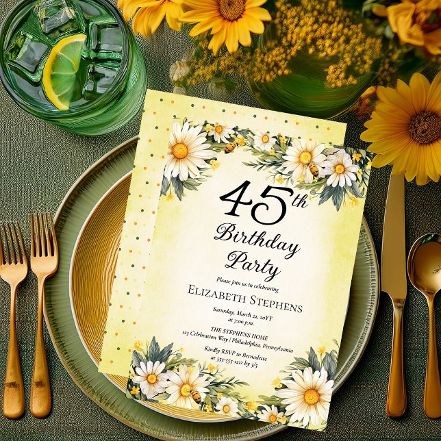 Elegant Daisies Trädgård Blommig 45-årsfest Inbjudningar (Elegant Daisies Garden Floral 45th Birthday Party Invitation - Print and/or Digital Download)
