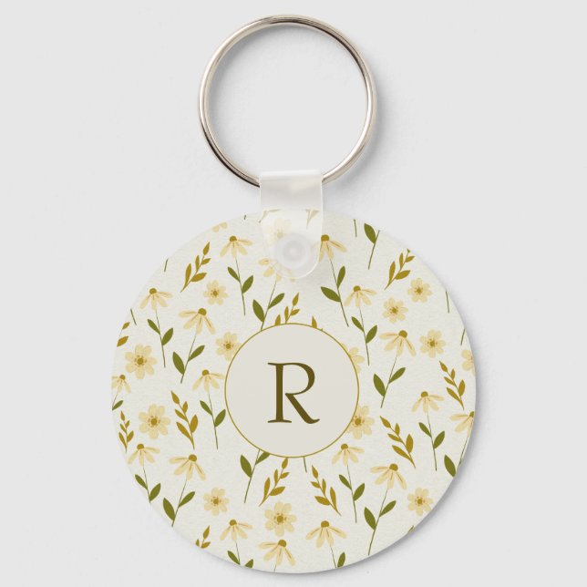 Elegant Daisy Blommigt Design Ivory Greenery Gren Nyckelring (Framsida)