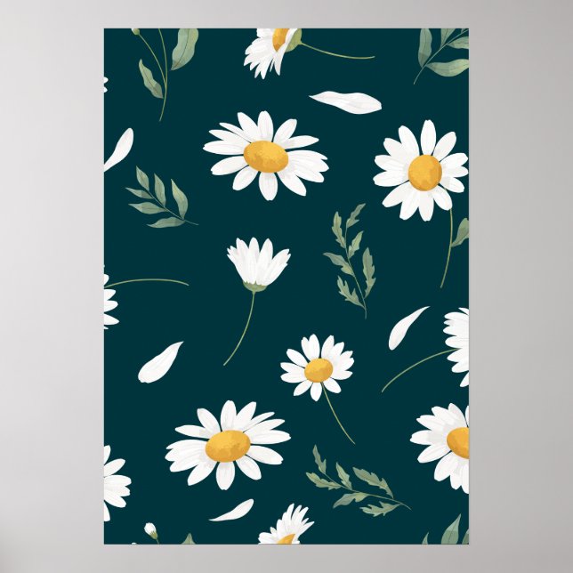 Elegant Daisy Blommönster Art Poster – Mörk  (Framsidan)