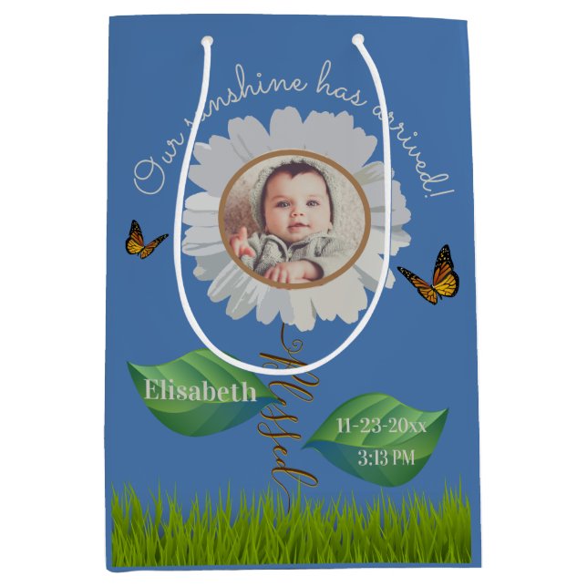 Elegant Daisy Blue Blommigt Cute Baby Photo & Namn (Framsidan)