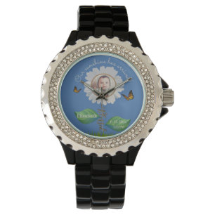 Elegant Daisy Blue Blommigt Cute Baby Photo & Namn Armbandsur
