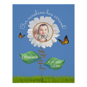 Elegant Daisy Blue Blommigt Cute Baby Photo & Namn Fototryck