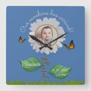Elegant Daisy Blue Blommigt Cute Baby Photo & Namn Fyrkantig Klocka
