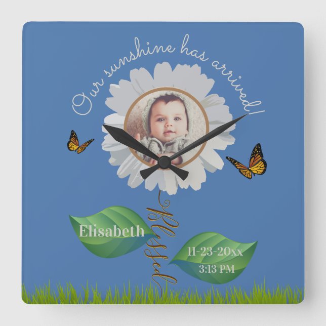 Elegant Daisy Blue Blommigt Cute Baby Photo & Namn Fyrkantig Klocka (Framsida)