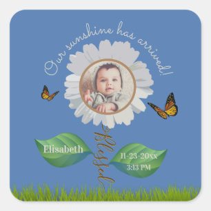 Elegant Daisy Blue Blommigt Cute Baby Photo & Namn Fyrkantigt Klistermärke