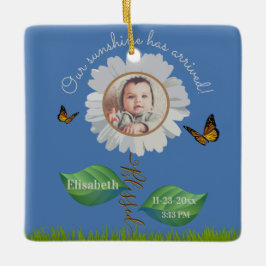 Elegant Daisy Blue Blommigt Cute Baby Photo & Namn Julgransprydnad Keramik