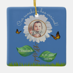 Elegant Daisy Blue Blommigt Cute Baby Photo & Namn Julgransprydnad Keramik