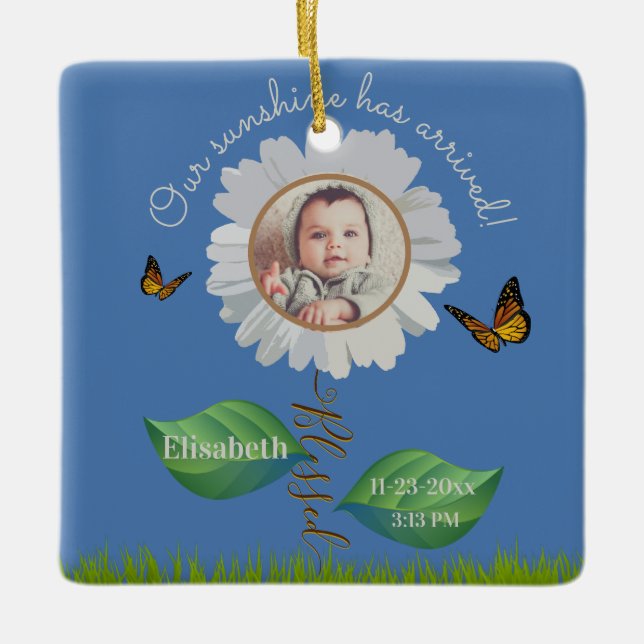 Elegant Daisy Blue Blommigt Cute Baby Photo & Namn Julgransprydnad Keramik (Framsida)