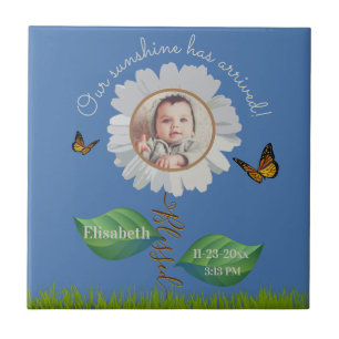 Elegant Daisy Blue Blommigt Cute Baby Photo & Namn Kakelplatta