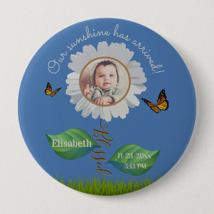 Elegant Daisy Blue Blommigt Cute Baby Photo & Namn Knapp