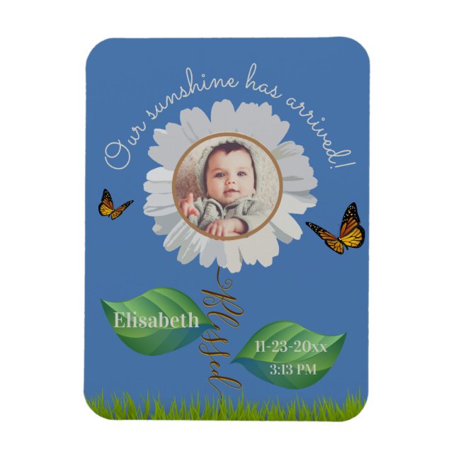 Elegant Daisy Blue Blommigt Cute Baby Photo & Namn Magnet (Vertikal)