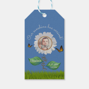 Elegant Daisy Blue Blommigt Cute Baby Photo & Namn Presentetikett
