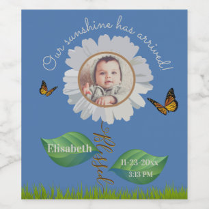 Elegant Daisy Blue Blommigt Cute Baby Photo & Namn Vinflaska Etikett