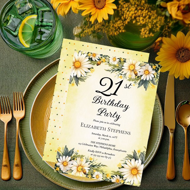 Elegant Daisy Garden Blommigt 21:a födelsedag Part Inbjudningar (Elegant Daisies Garden Floral 21st Birthday Party Invitation - Print and/or Digital Download)