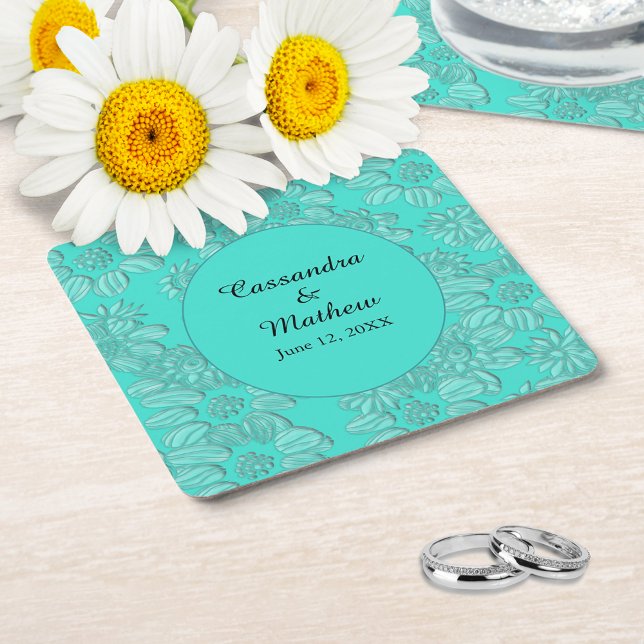 Elegant Daisy i Blommigt Turquise Bröllop Underlägg Papper Kvadrat (Elegant Daisies in Floral Turquoise Wedding Square Paper Coaster)