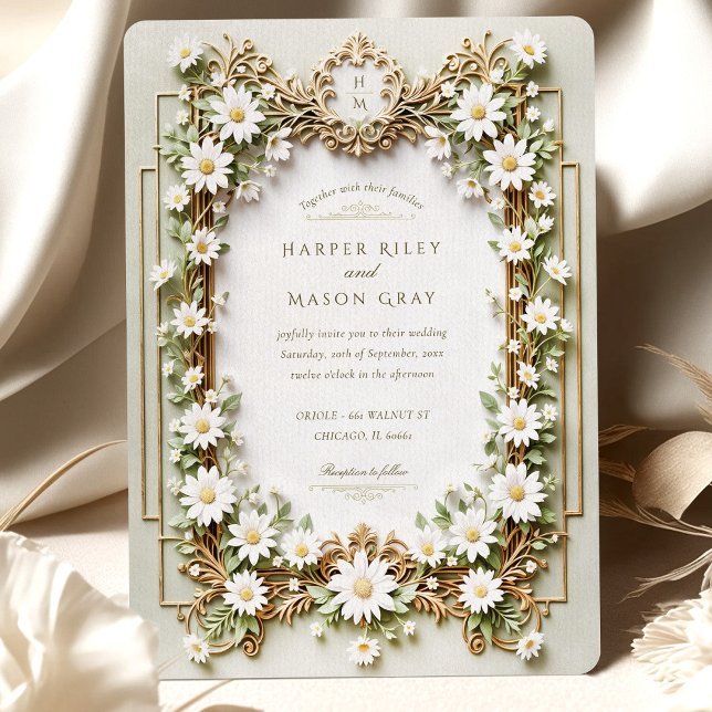 Elegant Daisy med Faux Guld Details Bröllop Inbjudningar (Skapare uppladdad)