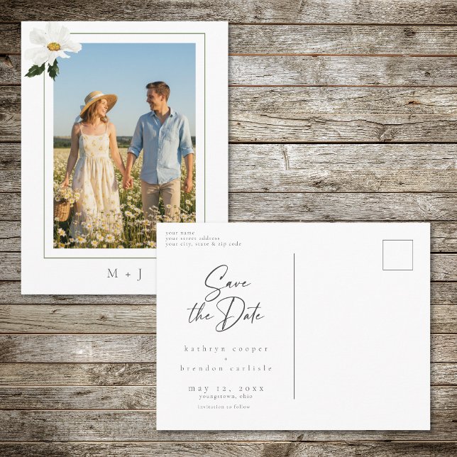 Elegant Daisy Minimal Photo Save the Date Announce Meddelande Vykort (Skapare uppladdad)