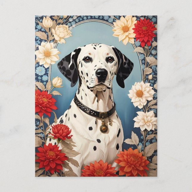 Elegant Dalmatien med Dahlia Flowers Vykort (Framsida)