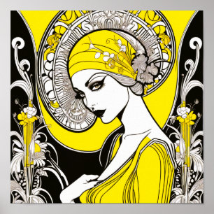 Elegant Dam Gult och Svarta Art nouveau Poster