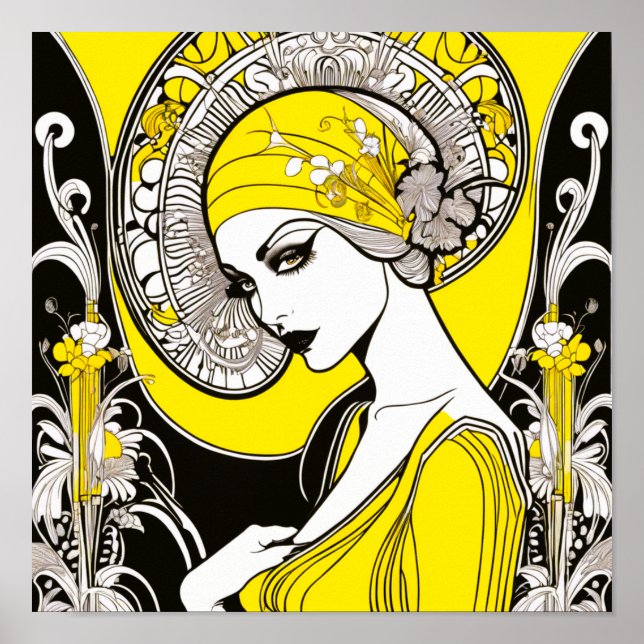 Elegant Dam Gult och Svarta Art nouveau Poster (Framsidan)