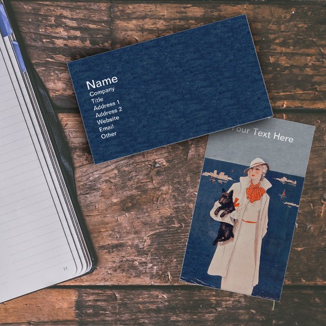 Elegant Dam i vitt efter Ocean Black Scotty Hund Visitkort (Lady with black Scottish Terrier dog in white suit by ocean with boats on business cards.)