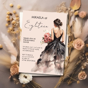 Elegant Dam in Black Gown 18:e Födelsedagsfesten Inbjudningar