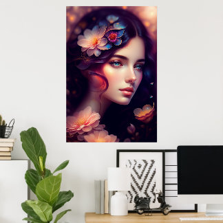 Elegant dam med orange rosa blå blommor poster