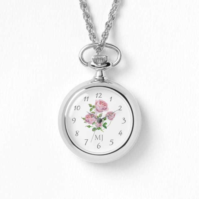 Elegant Dam Watch Necklace med Rosa ros Armbandsur (Framsida)