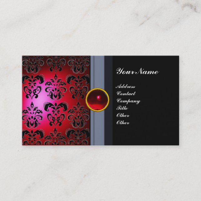 ELEGANT DAMASK-ÄDELSTEN MONOGRAM svart röd burgund Visitkort (Framsida)