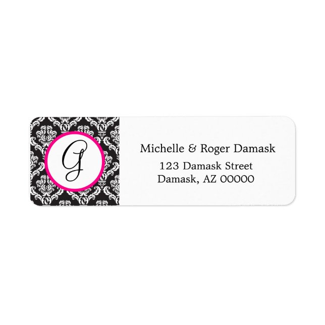 Elegant Damask Anpassningsbar Monogram Black White Returadress Etikett (Framsidan)