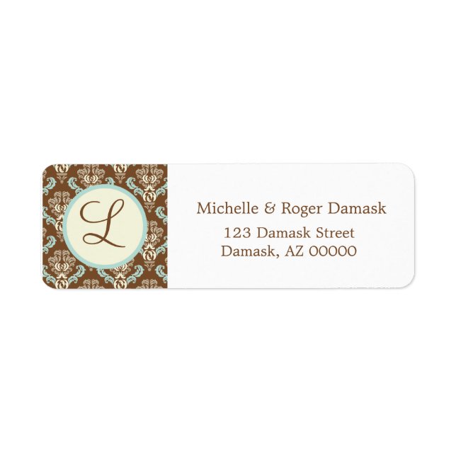 Elegant Damask Anpassningsbar Monogram Brown White Returadress Etikett (Framsidan)