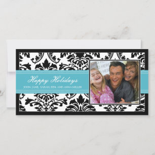 Elegant Damask Black & Aqua Anpassningsbar Glad he Julkort