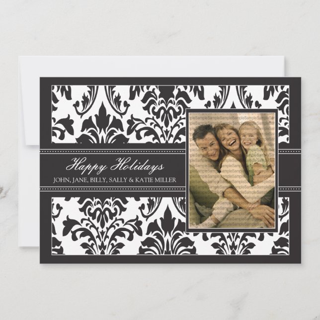 Elegant Damask Black & White 5x7 Glad helg Julkort (Framsida)